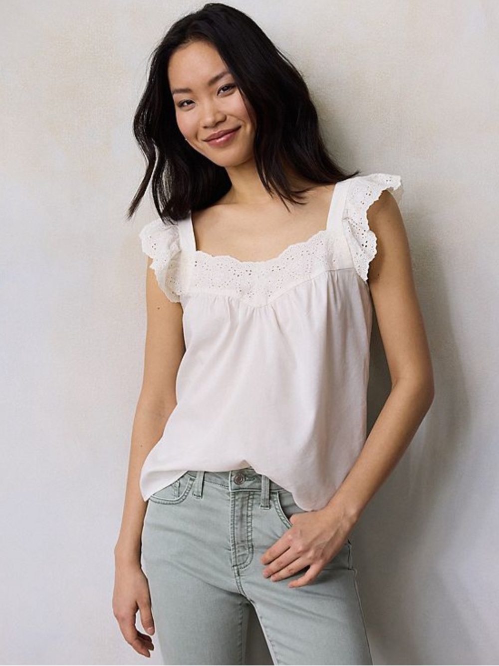 LC Lauren Conrad Cream Eyelet-Trim Square Neck Cami